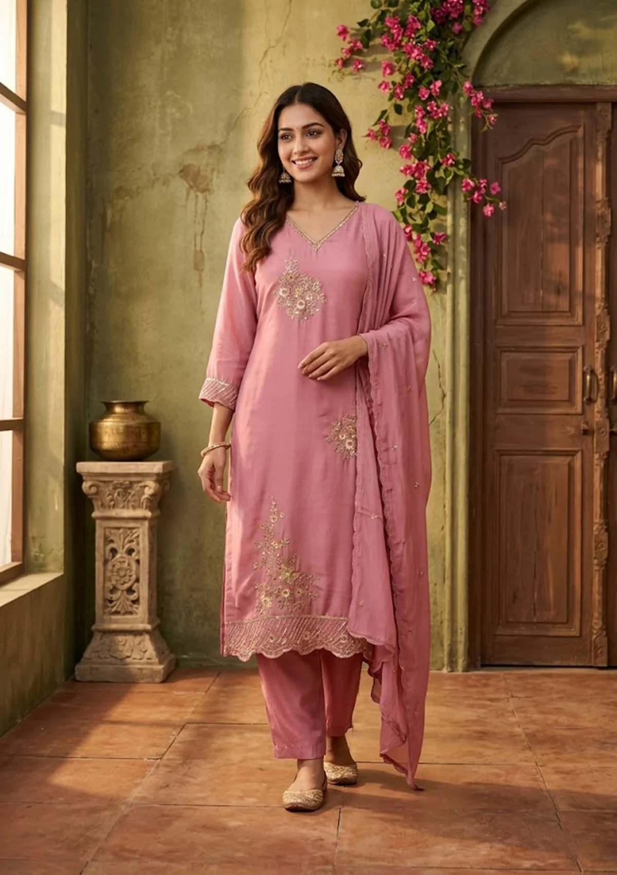 Onion Pink Semi Crepe Threadwork Straight Kurta With Pant Regular And Dupatta